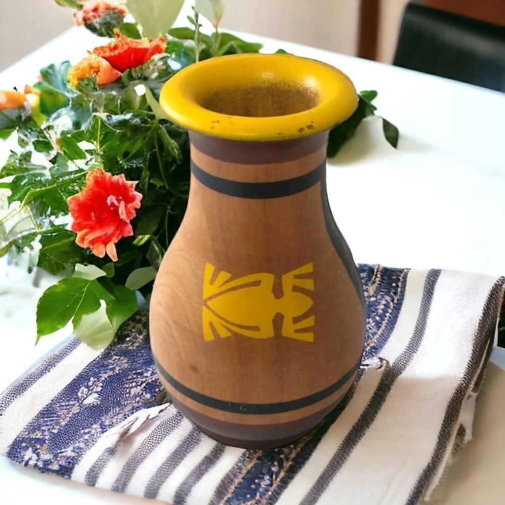 Vintage Navajo Wood Vase Hand Turned Thunderbird Native American Southwestern 5‎